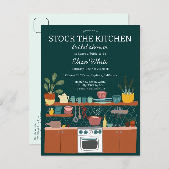 Postal De Invitación STOCK THE KITCHEN Bridal Shower Cute CUSTOM (Anverso / Reverso)
