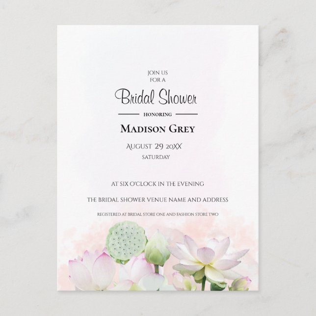 Postal De Invitación Suaves lanzas de agua y duchas de novias Lotuses (Anverso)