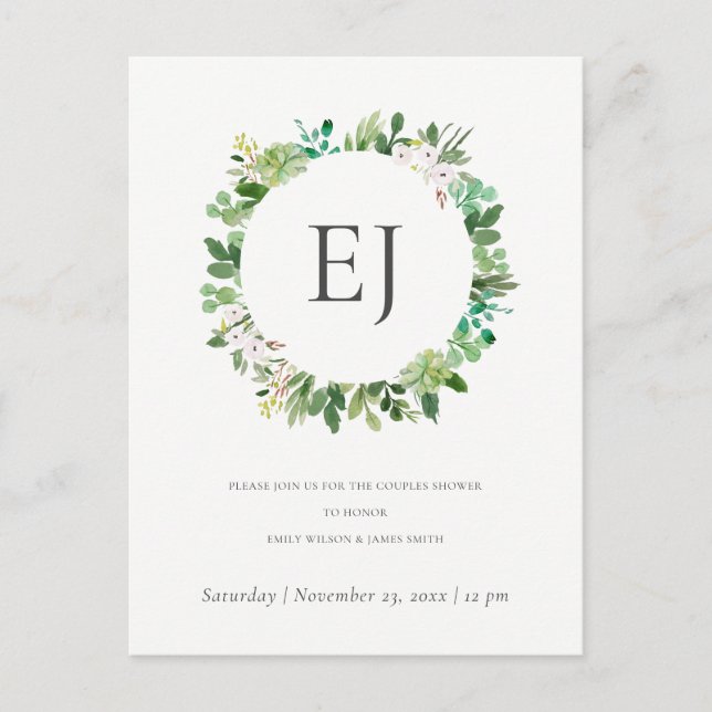 POSTAL DE INVITACIÓN SUCCULENT FOLIAGE WREATH MONOGRAM PAREJAS DUCHA (Anverso)