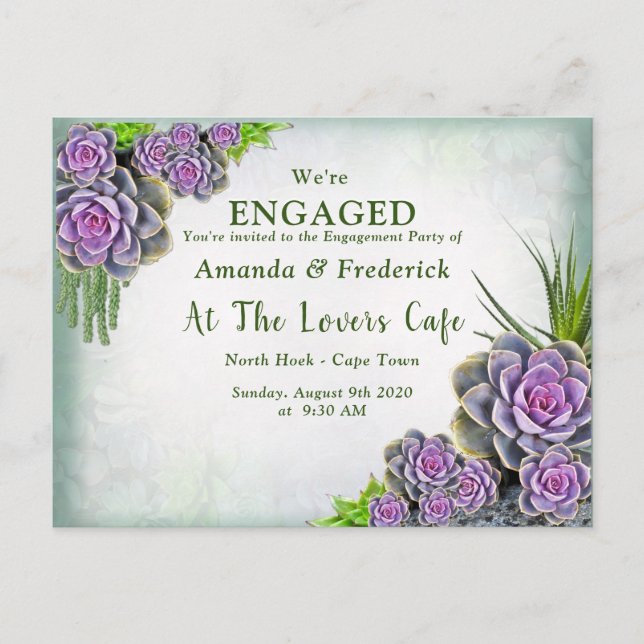 Postal De Invitación Suculento Sea Green,Violet Bouquet Engagement (Anverso)