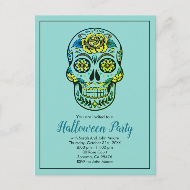 Postal De Invitación Sugar Skull Aqua Blue Halloween (Anverso)