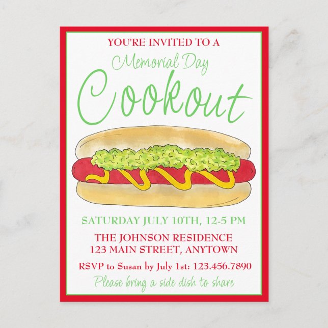 Postal De Invitación Summer Cookout Picnic Maine Red Snapper Hotdog ME (Anverso)