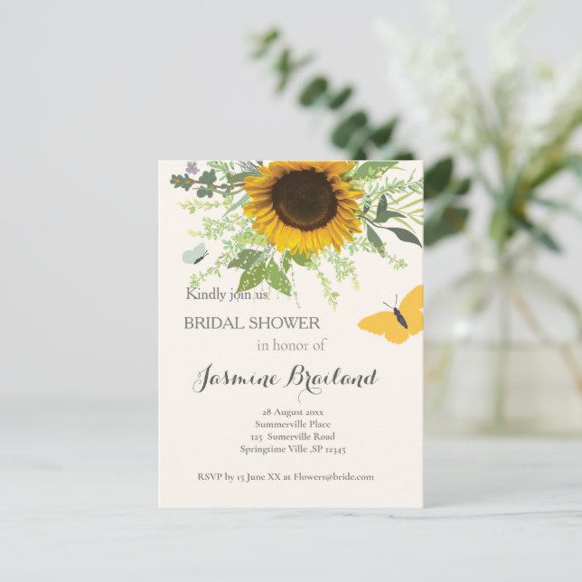 Postal De Invitación Sunflower and butflies Bridal Shower (Anverso de pie)