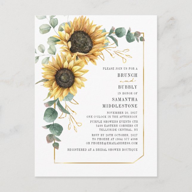 Postal De Invitación Sunflower Eucalyptus Brunch Bubbly Bridal Shower (Anverso)