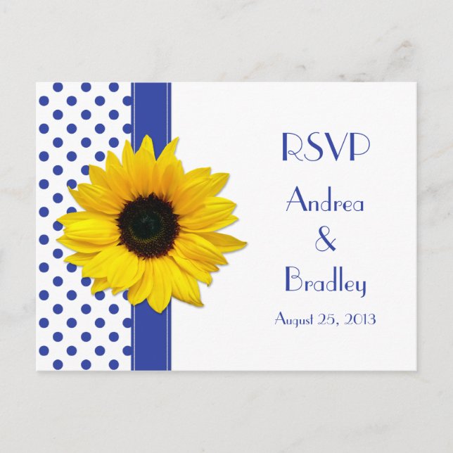 Postal De Invitación Sunflower Royal Blue Polka White Polka Boda de Pun (Anverso)