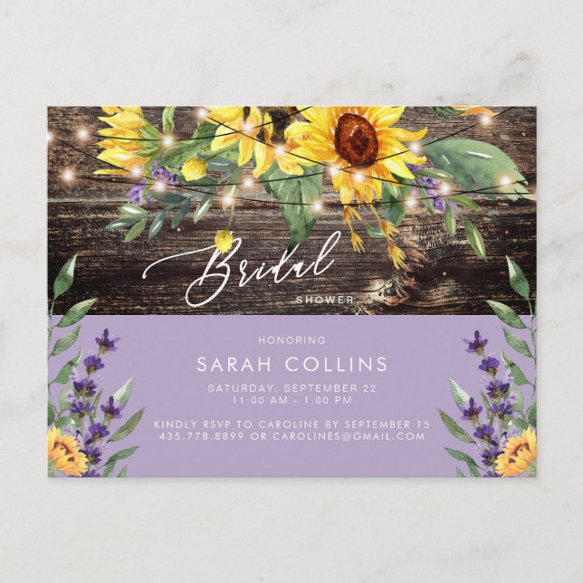Postal De Invitación Sunflower y Lavender Bridal Rústica Ducha (Anverso)