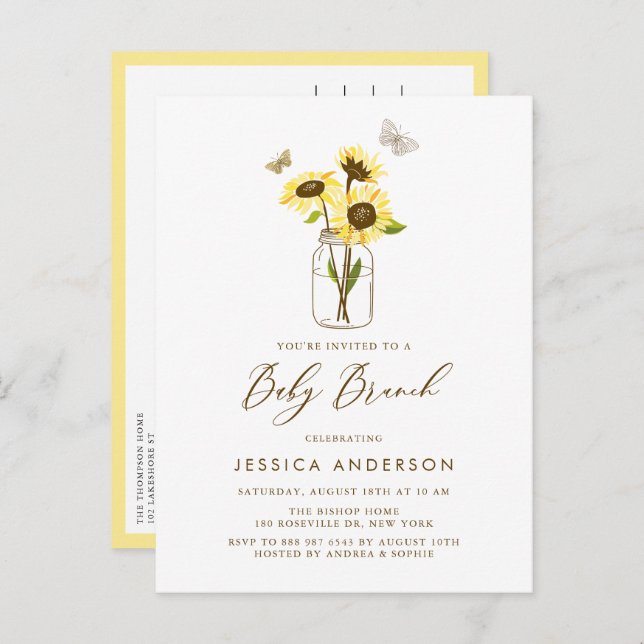 Postal De Invitación Sunflowers amarillos en Mason Jar Baby Brunch (Anverso / Reverso)
