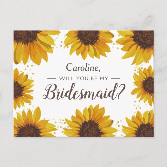 Postal De Invitación Sunflowers & Gold Dots Serás Mi Novia (Anverso)
