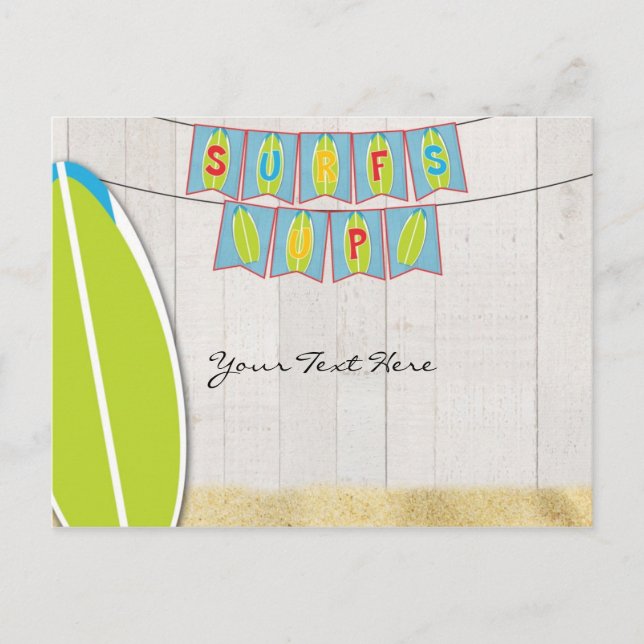 Postal De Invitación Surfs Up Banner & Board White Wood Beach Fiesta (Anverso)