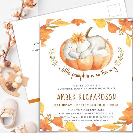 Postal De Invitación Surprise Baby Shower Elephant Chica Autumn Pumpkin