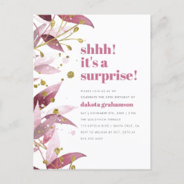 Postal De Invitación Surprise Birday Party Morple Watercolor Leaves