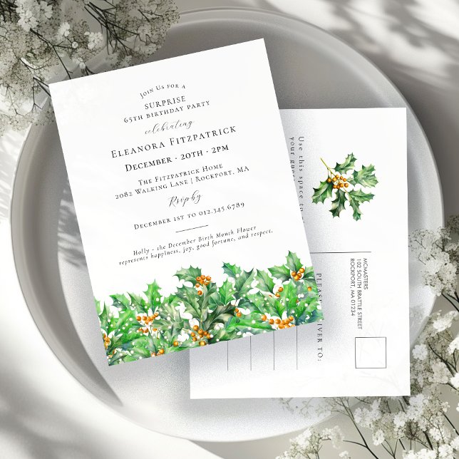 Postal De Invitación SURPRISE PARTY 65th Birthday December Birth Flower (Subido por el creador)