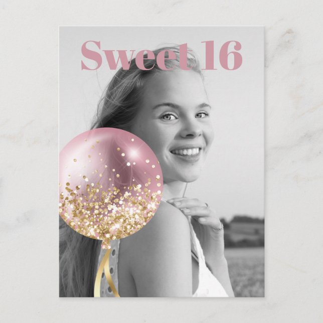 Postal De Invitación *~* Sweet 16 Birthday Photo Rosa Balloon AP29 (Anverso)