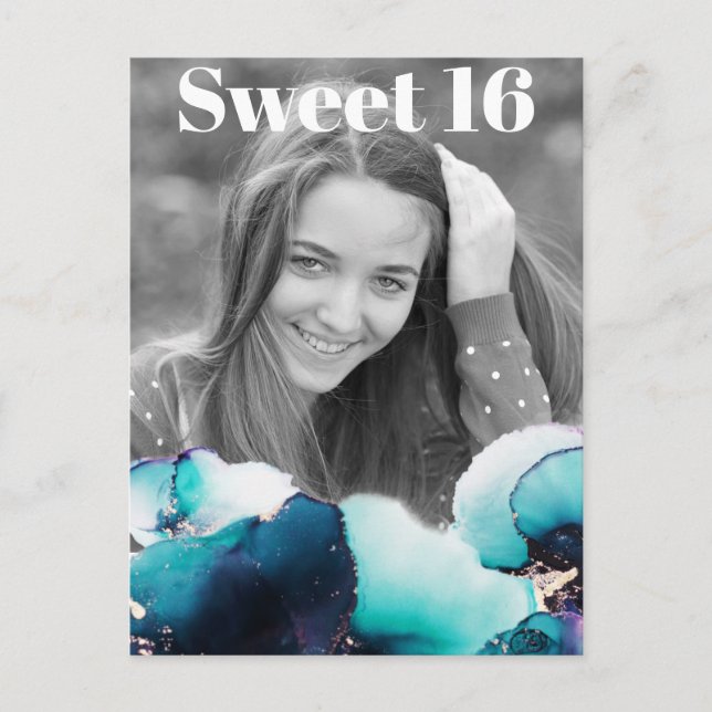 Postal De Invitación *~* Sweet 16 Birthday Photo VERDE AZULADO Resumen  (Anverso)