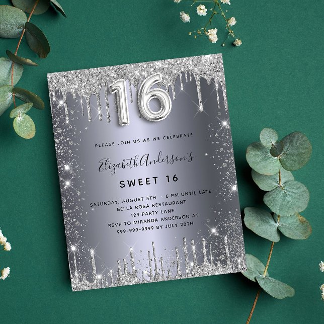 Postal De Invitación Sweet 16 birthday silver metal glitter dust (Subido por el creador)