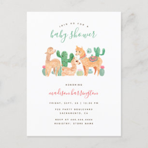 Postal De Invitación Sweet Alpaca Llama Cactus Boho Baby Shower