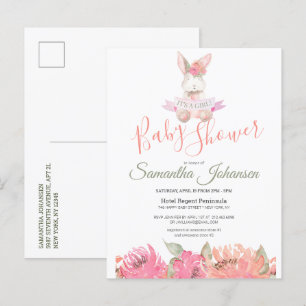 Postal De Invitación Sweet Boho Bunny Bonito Pink Floral Baby Shower
