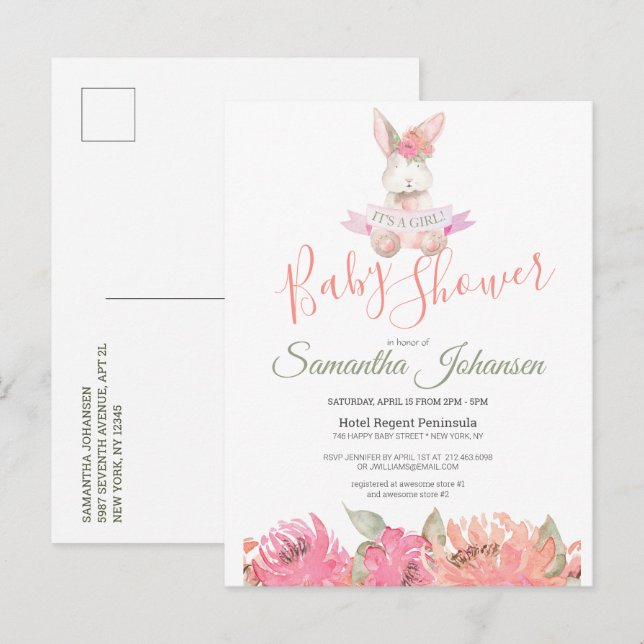 Postal De Invitación Sweet Boho Bunny Bonito Pink Floral Baby Shower (Anverso / Reverso)