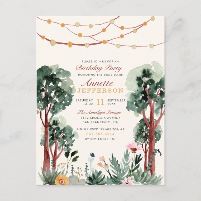 Postal De Invitación Sweet Green Botanical Trees Partida de Cumpleaños  (Anverso)