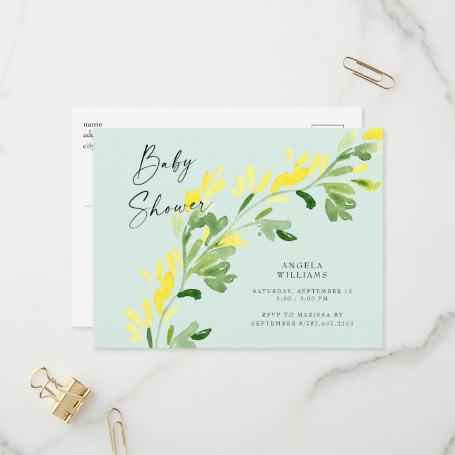 Postal De Invitación Sweet Mint Yellow Wildflowers Baby Shower (Anverso/Reverso In Situ)