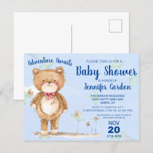 Postal De Invitación Sweet Woodland Bear Blue Boy Baby Shower