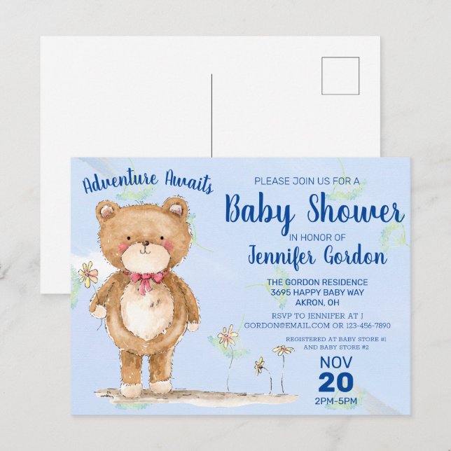 Postal De Invitación Sweet Woodland Bear Blue Boy Baby Shower (Anverso / Reverso)