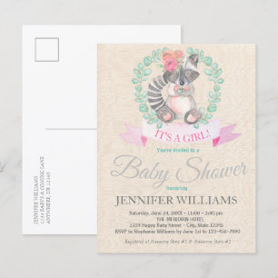 Postal De Invitación Sweet Woodland Raccoon Floral Boho Baby Shower