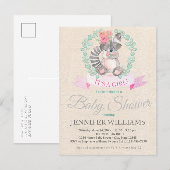 Postal De Invitación Sweet Woodland Raccoon Floral Boho Baby Shower (Anverso / Reverso)