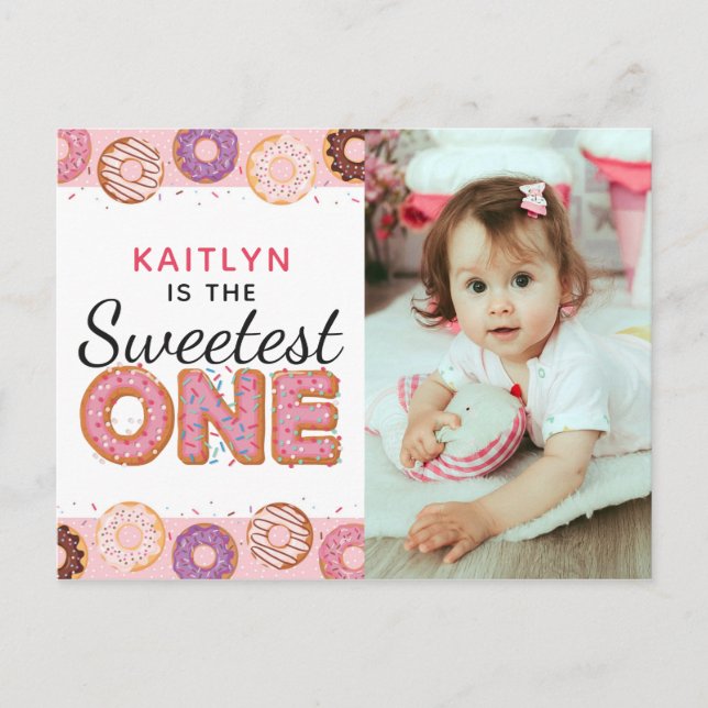 Postal De Invitación SWEETEST ONE Pink Iced Donuts First Birday Photo (Anverso)