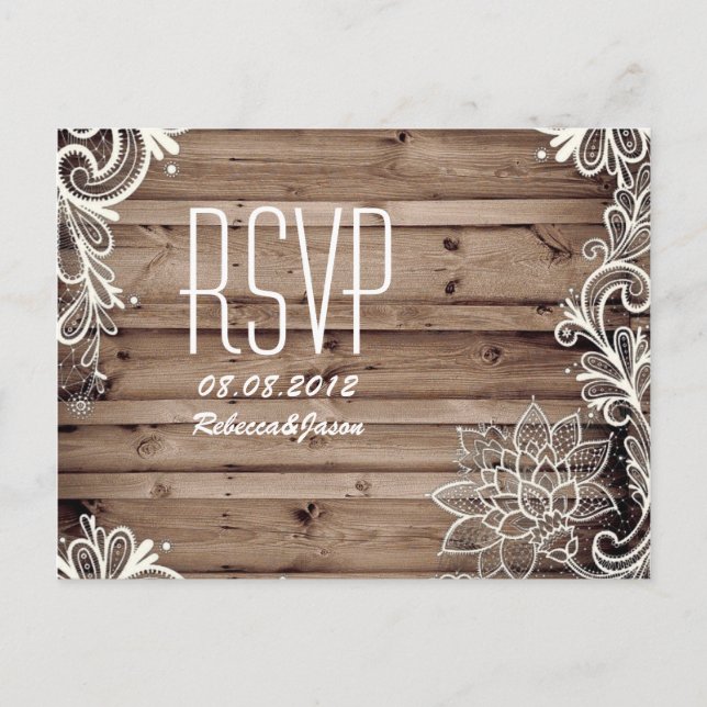 Postal De Invitación swirls lace barn wood country boda RSVP (Anverso)