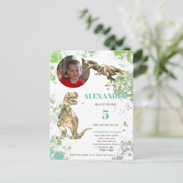 Postal De Invitación T rex 5ª fiesta de cumpleaños Tyrannosaurus Foto (Anverso de pie)