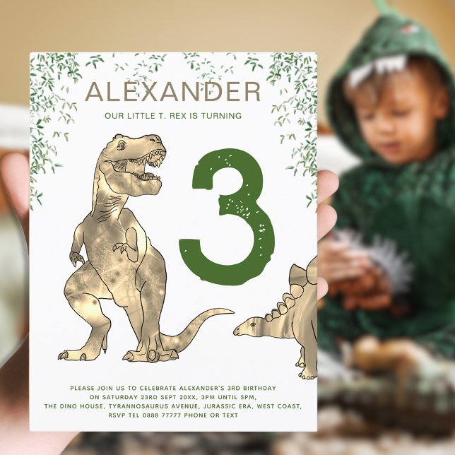 Postal De Invitación T-Rex Dinosaur Jungle Tercer Presupuesto Fiesta de (Boys dinosaur jungle modern 3rd birthday party budget invitation with T-Rex and stegosaurus dinos)
