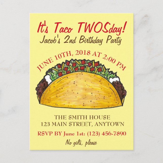 Postal De Invitación Taco TWOSday Martes 2 cumpleaños Fiesta Fiesta (Anverso)