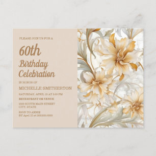 Postal De Invitación Tan Champagne Floral Cumpleaños 60 de Mujer