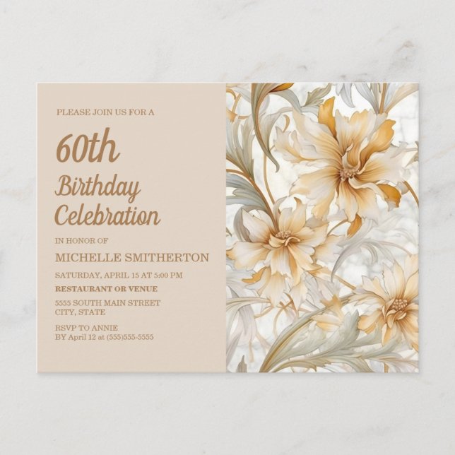 Postal De Invitación Tan Champagne Floral Cumpleaños 60 de Mujer (Anverso)