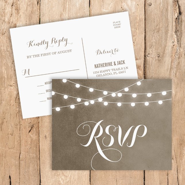 Postal De Invitación Taupe String Lights Wedding RSVP Postcard (Subido por el creador)