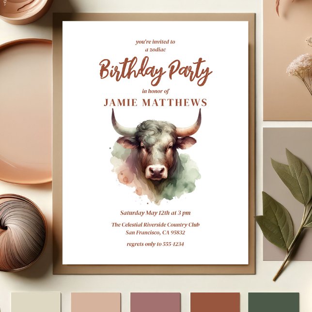 Postal De Invitación Taurus Bull Zodiac Fiesta de cumpleaños temática (Plan Your Taurus Zodiac-Themed Party with Our Collection of Invitations, Decor, and Gifts!)
