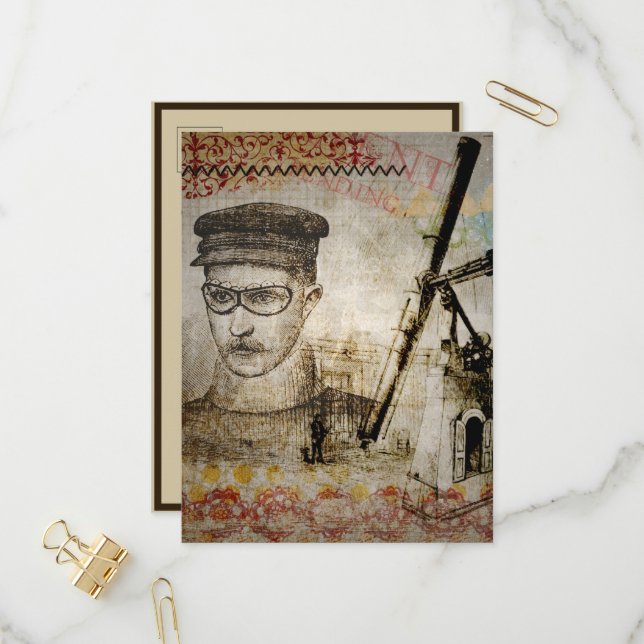 Postal De Invitación Telescopio científico inventor de Steampunk en Vic (Anverso/Reverso In Situ)