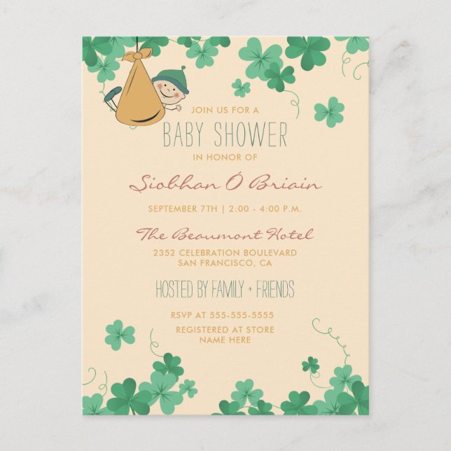 Postal De Invitación Temático irlandés Shamrock Baby Shower (Anverso)