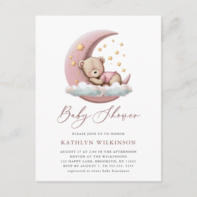 Postal De Invitación Terracotta Moon Pink Teddy Bear Chica Baby Shower (Anverso)