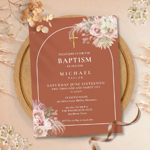 Postal De Invitación Terracotta Pampas Grass Arch Baptism Christening