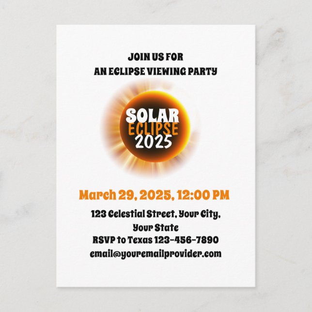 Postal De Invitación Testigo del eclipse solar total 3/29/2025 EE.UU. (Anverso)