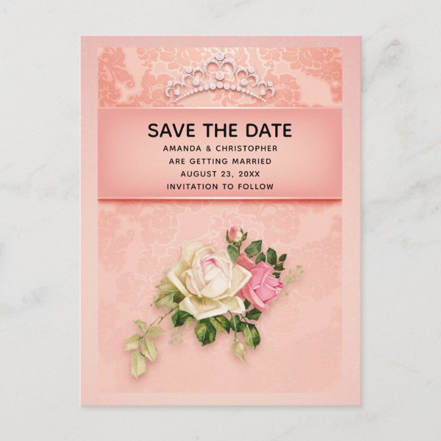Postal De Invitación Tiara de diamantes y flores rosadas Princesa Boda (Anverso)