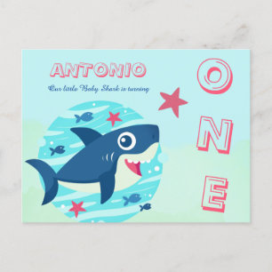 Postal De Invitación Tiburón bebé cumpleaños lindo bajo el mar azul