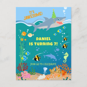 Postal De Invitación Tiburón sonriente bajo el mar chico Fiesta de cump