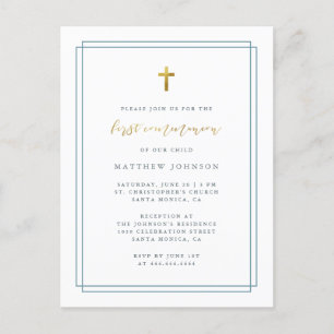 Postal De Invitación Tipografía moderna simple Primera Comunión Azul
