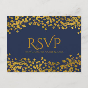 Postal De Invitación Tono Dorado Baby's Breath Azul Elegante Floral RSV