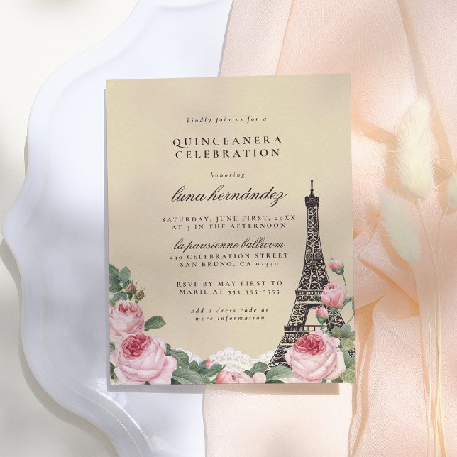 Postal De Invitación Torre Eiffel Floral París Tema Quinceañera (Subido por el creador)