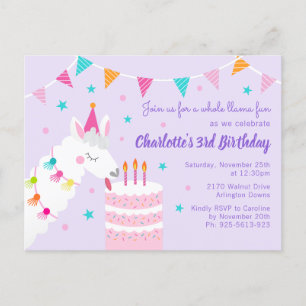 Postal De Invitación Torta divertida de Llama entera 3er cumpleaños púr
