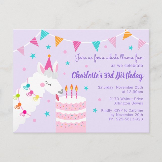 Postal De Invitación Torta divertida de Llama entera 3er cumpleaños púr (Anverso)